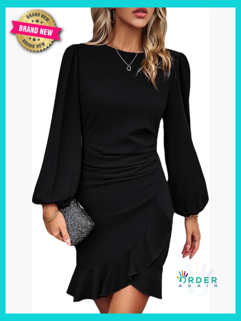 Ruched Bodycon Mini Dress Elegant Lantern Sleeve Work Cocktail Party Tulip Hem
